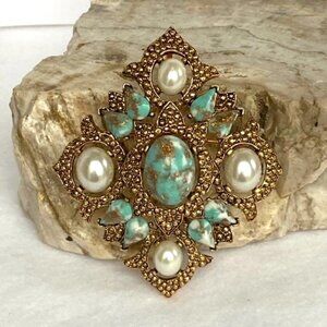 VTG Sarah Coventry Gold Plated Faux Pearl Blue Gold Glass Brooch Pendant Combo
